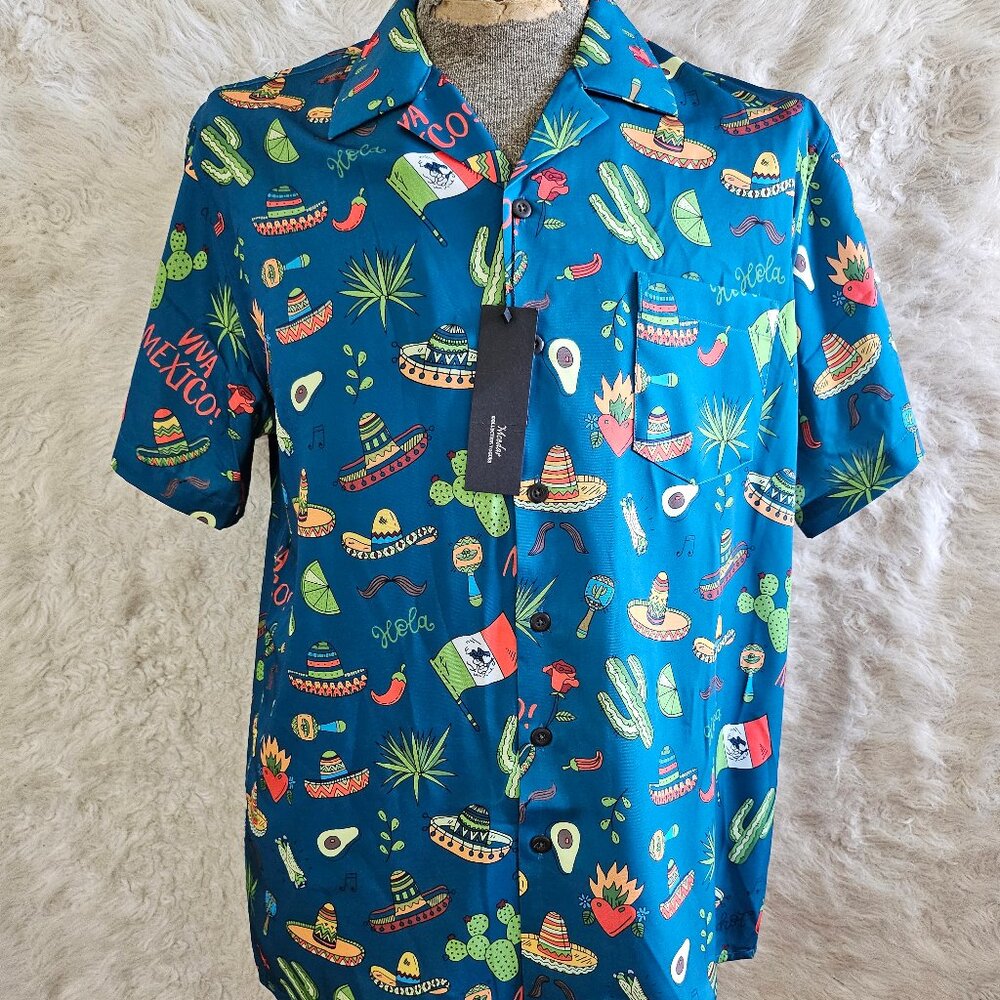 Mcedar Collection Men's Blue Button Up Mexican Themed Hawaiian Shirt Size M